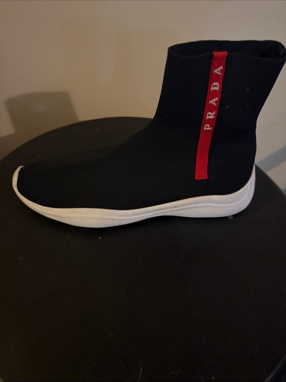 Prada Black Stretch Knit Sock Sneaker with Red Logo Tab